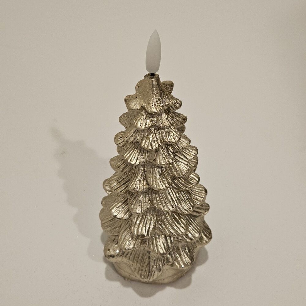Pottery Barn Small 8" Flickering Christmas Gold Flameless Battery Tree Candle
